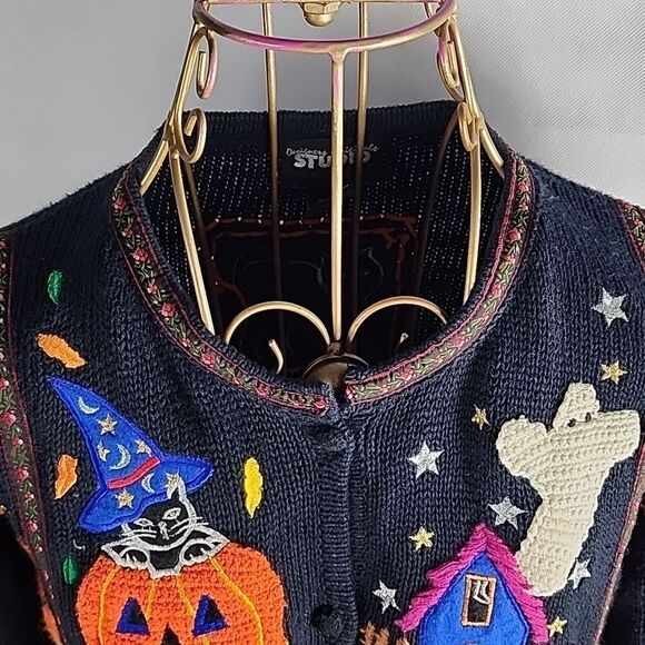 Vintage Halloween Boo Size L Knit Embroidered Cardigan Sweater - Picture 5 of 16